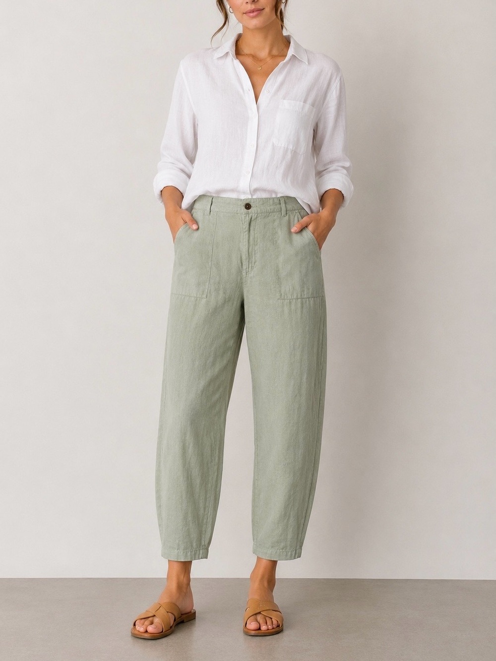 Nicole Miller New York 100% Linen Sage Green Barrel Tapered Ankle Pants XL